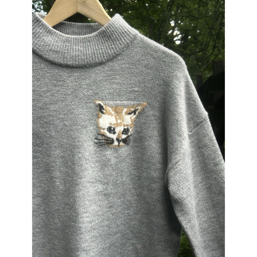 THML Cat Sweater Size Large Mock Neck Mock Neck Kitten Grey Knit - Picture 3 of 8